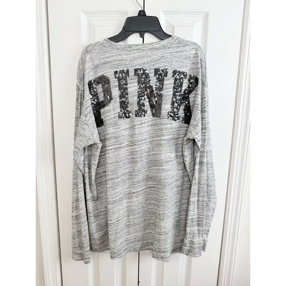 PINK Victoria's Secret Long Sleeve Shirt L Gray Sequin Logo Y2K Cozy Lounge Tee